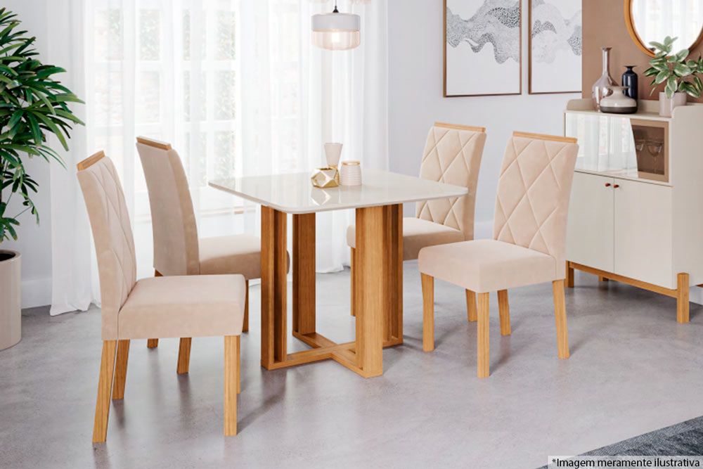 Sala Jantar Mesa Flora c/ Tampo Madeirado 95x95cm e 4 Cadeiras Fernanda - Cimol