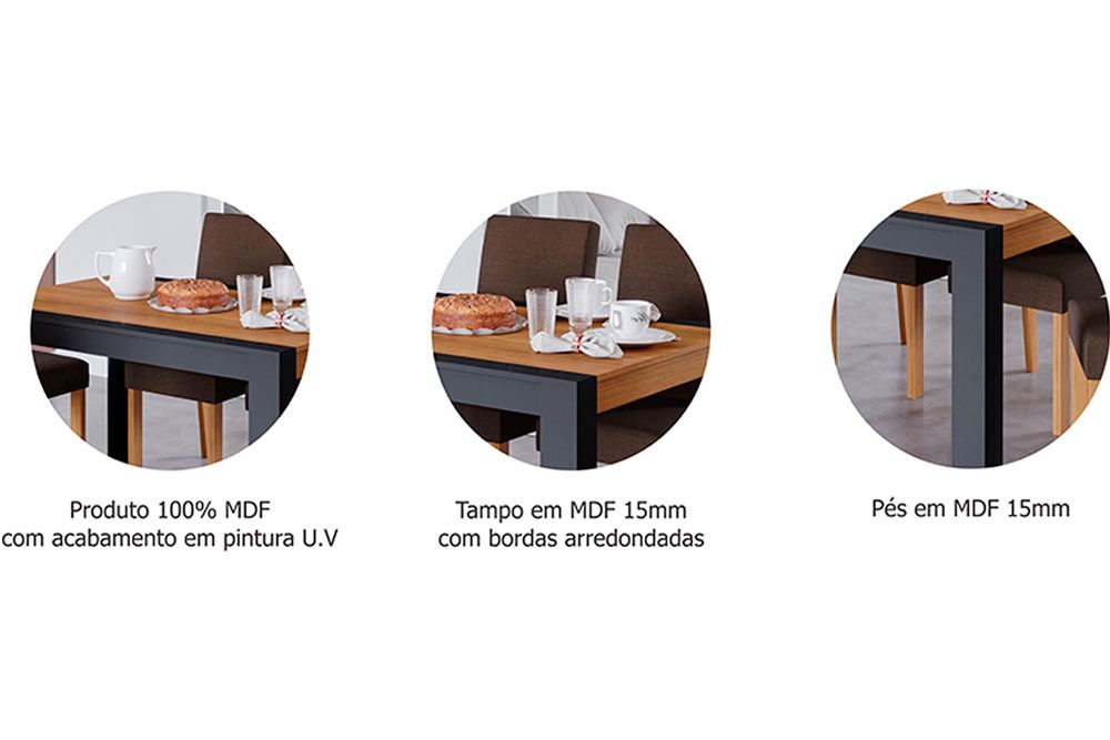 Sala Jantar Mesa Grace c/ Tampo Madeirado 90x90cm e 4 Bancos Kim - Cimol