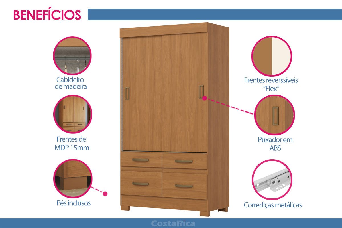 Guarda Roupa Solteiro 2 Portas de Correr e 4 Gavetas c/Pés Briz BE25 Henn