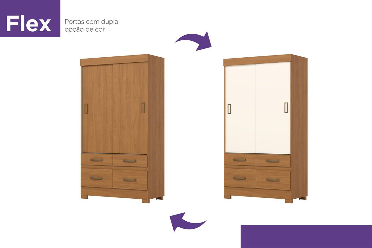 Guarda Roupa Solteiro 2 Portas de Correr e 4 Gavetas c/Pés Briz BE25 Henn