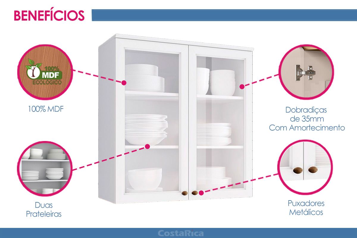 Armário Aéreo Cozinha Henn Americana c/2 Portas c/Vidro 80cm