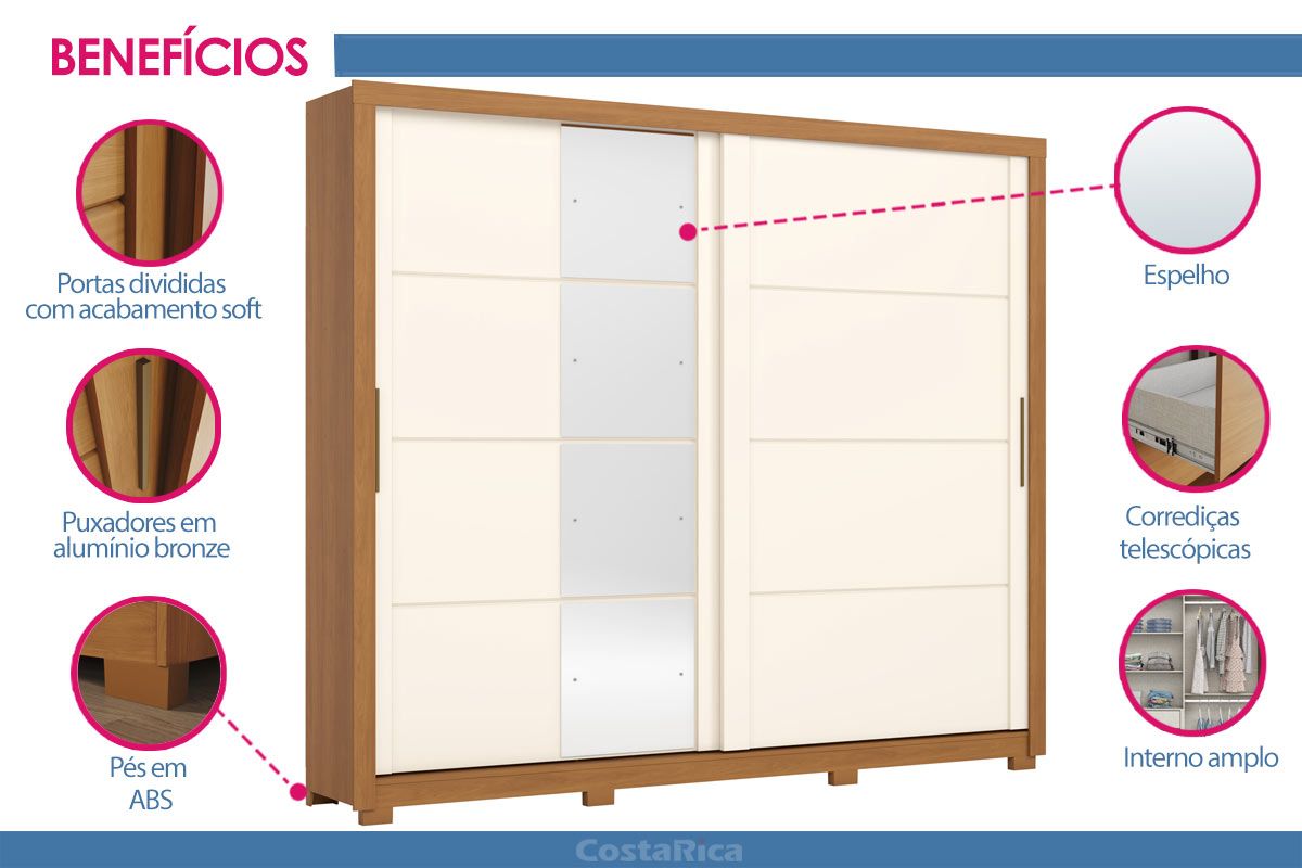 Guarda Roupa Casal 2 Portas de Correr (1 c/Espelho) e 4 Gavetas c/Pés Palace Henn