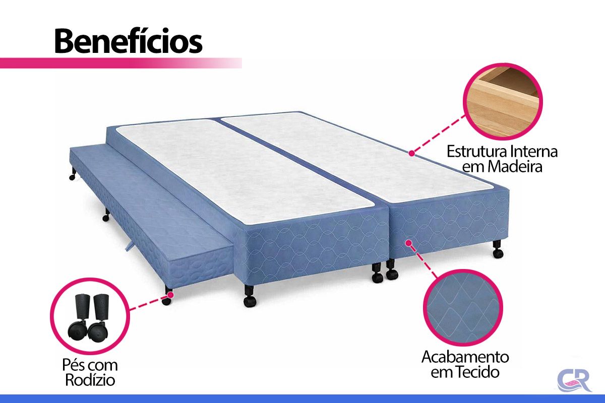 Cama Box c/Auxiliar Castor Tecido Blue Cama Box c/Auxiliar Castor Tecido Blue