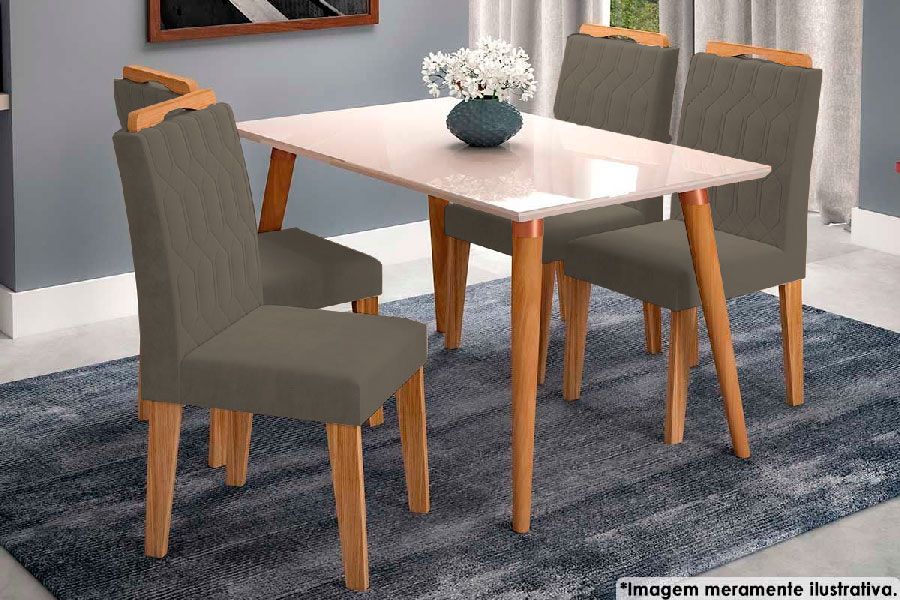 Sala Jantar Mesa Adele Madeira Maciça Tampo Madeirado c/ Vidro 130x80cm e 4 Cadeiras Paola - Cimol