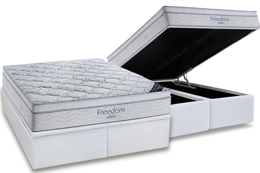 Cama Box Baú: Colchão Molas Ensacadas Ortobom SuperPocket Freedom Visco + Base CRC Suede White