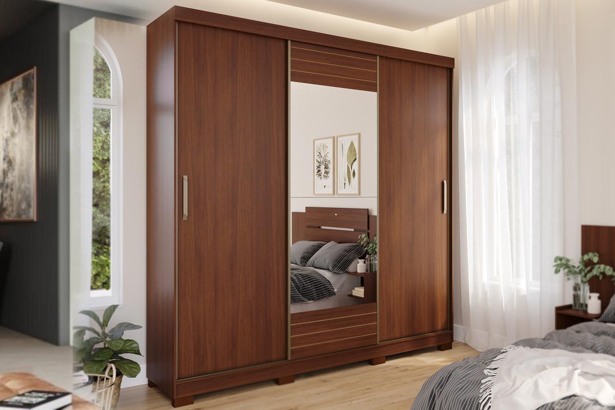 Guarda Roupa Casal 3 Portas de Correr (1 c/Espelho) e 4 Gavetas Búzios Panan