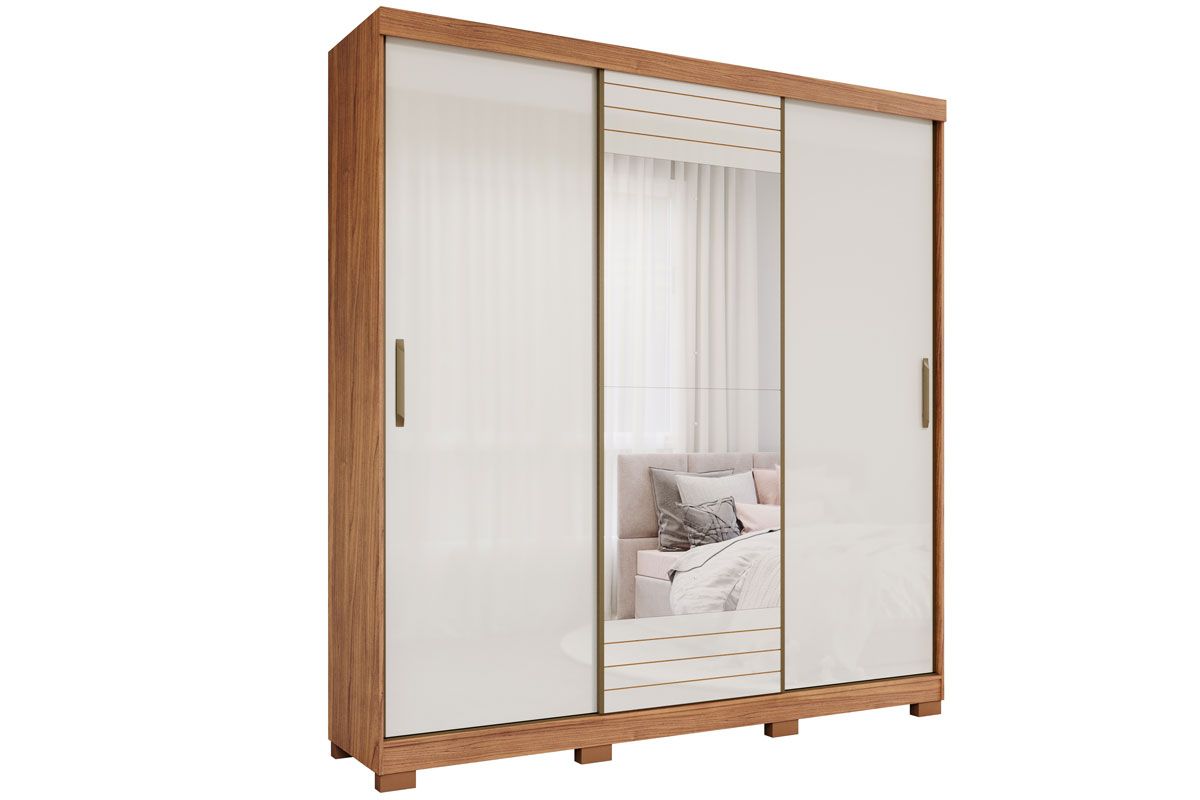 Guarda Roupa Casal 3 Portas de Correr (1 c/Espelho) e 4 Gavetas Búzios PananCinamomo/Off White