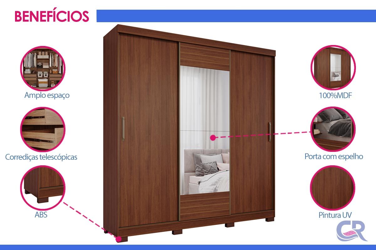 Guarda Roupa Casal 3 Portas de Correr (1 c/Espelho) e 4 Gavetas Búzios Panan Guarda Roupa Casal 3 Portas de Correr (1 c/Espelho) e 4 Gavetas Búzios Panan