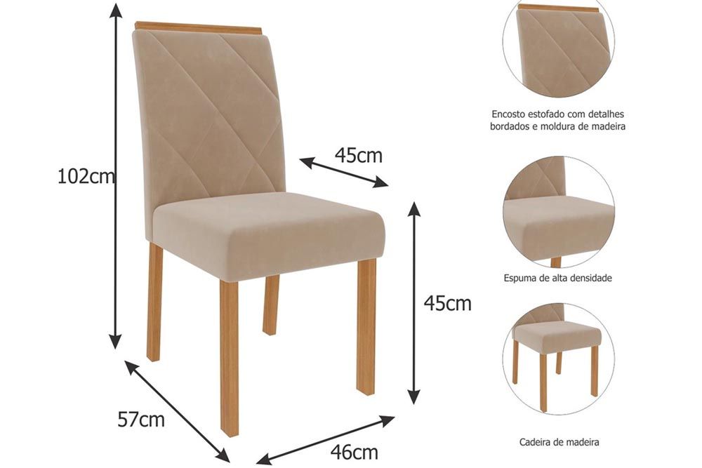 Sala Jantar Mesa Adele Madeira Maciça c/ Tampo Madeirado c/ Vidro 130x80cm e 4 Cadeiras Fernanda - Cimol
