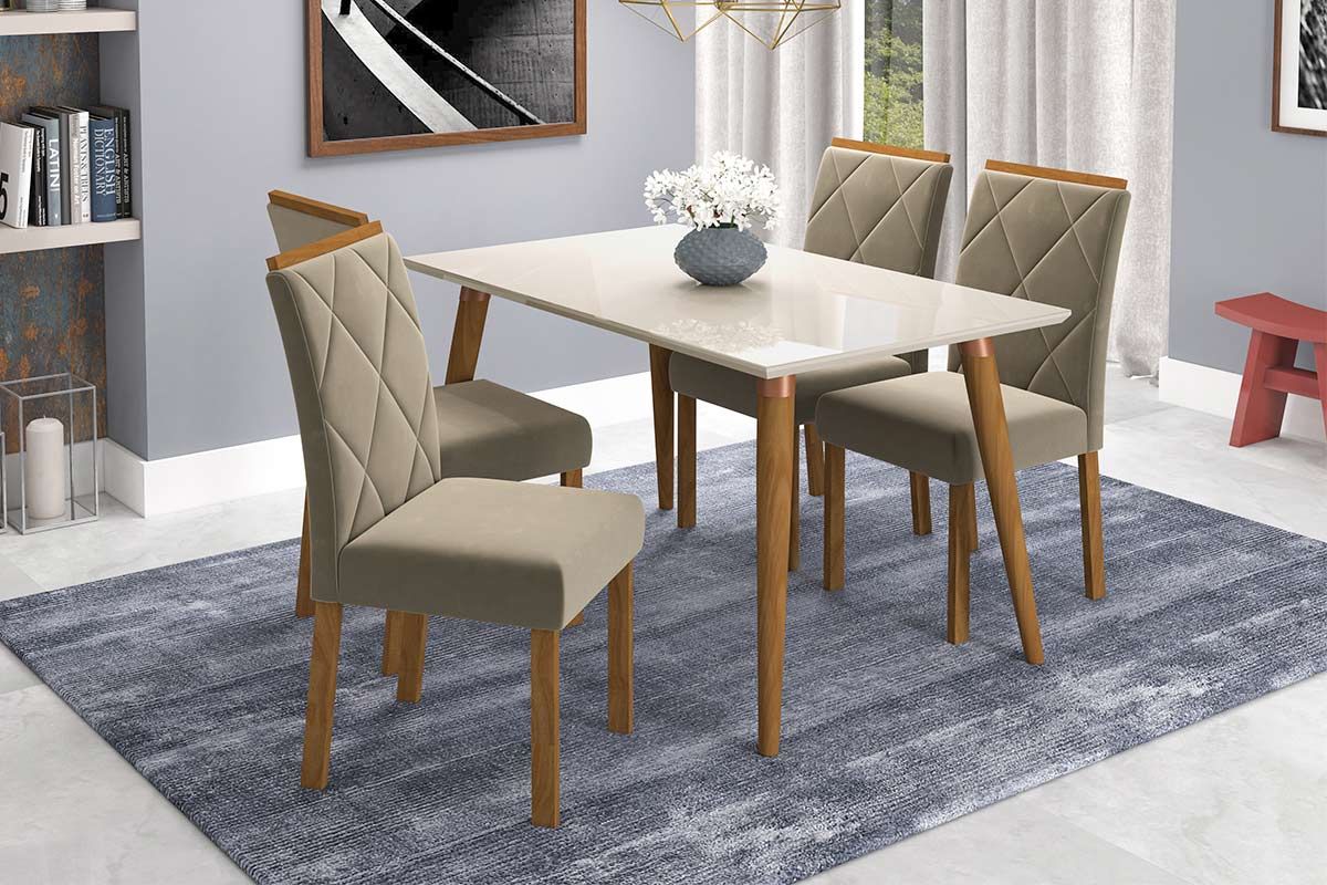Sala Jantar Mesa Adele Madeira Maciça c/ Tampo Madeirado c/ Vidro 130x80cm e 4 Cadeiras Fernanda - Cimol