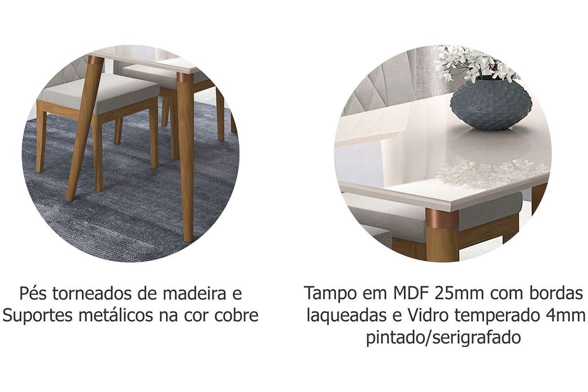 Sala Jantar Mesa Adele Madeira Maciça c/ Tampo Madeirado c/ Vidro 130x80cm e 4 Cadeiras Fernanda - Cimol