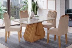Sala Jantar Mesa Ágata c/ Tampo Madeirado c/ Vidro 130x80cm e 4 Cadeiras Paola - Cimol