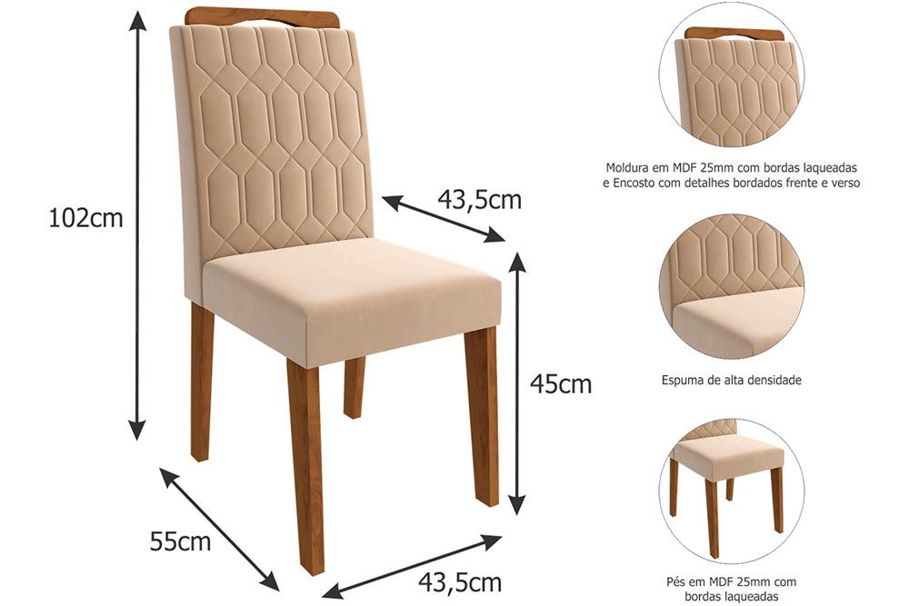 Sala Jantar Mesa Ágata c/ Tampo Madeirado c/ Vidro 130x80cm e 4 Cadeiras Paola - Cimol