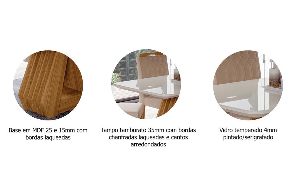 Sala Jantar Mesa Ágata c/ Tampo Madeirado c/ Vidro 130x80cm e 4 Cadeiras Paola - Cimol