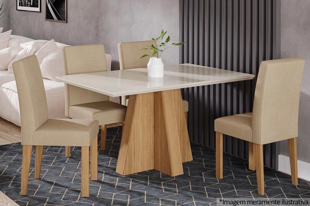 Sala Jantar Mesa Patricia c/ Tampo Madeirado c/ Vidro Canto Reto 130x80cm e 4 Cadeiras Maia - Cimol