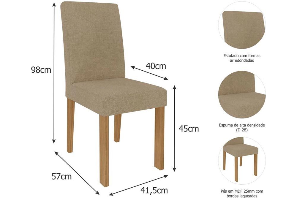 Sala Jantar Mesa Patricia c/ Tampo Madeirado c/ Vidro Canto Reto 130x80cm e 4 Cadeiras Maia - Cimol