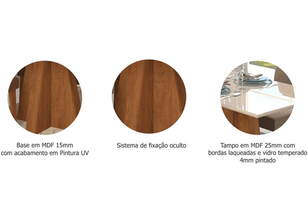 Sala Jantar Mesa Patricia c/ Tampo Madeirado c/ Vidro Canto Reto 130x80cm e 4 Cadeiras Maia - Cimol