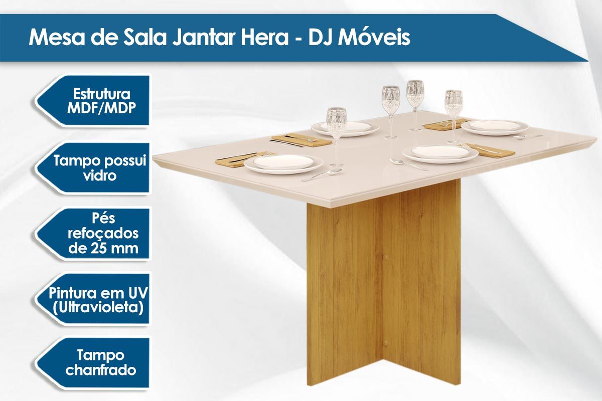 Mesa Jantar Hera c/Tampo Madeirado c/Vidro Reto 120x90cm DJ Móveis