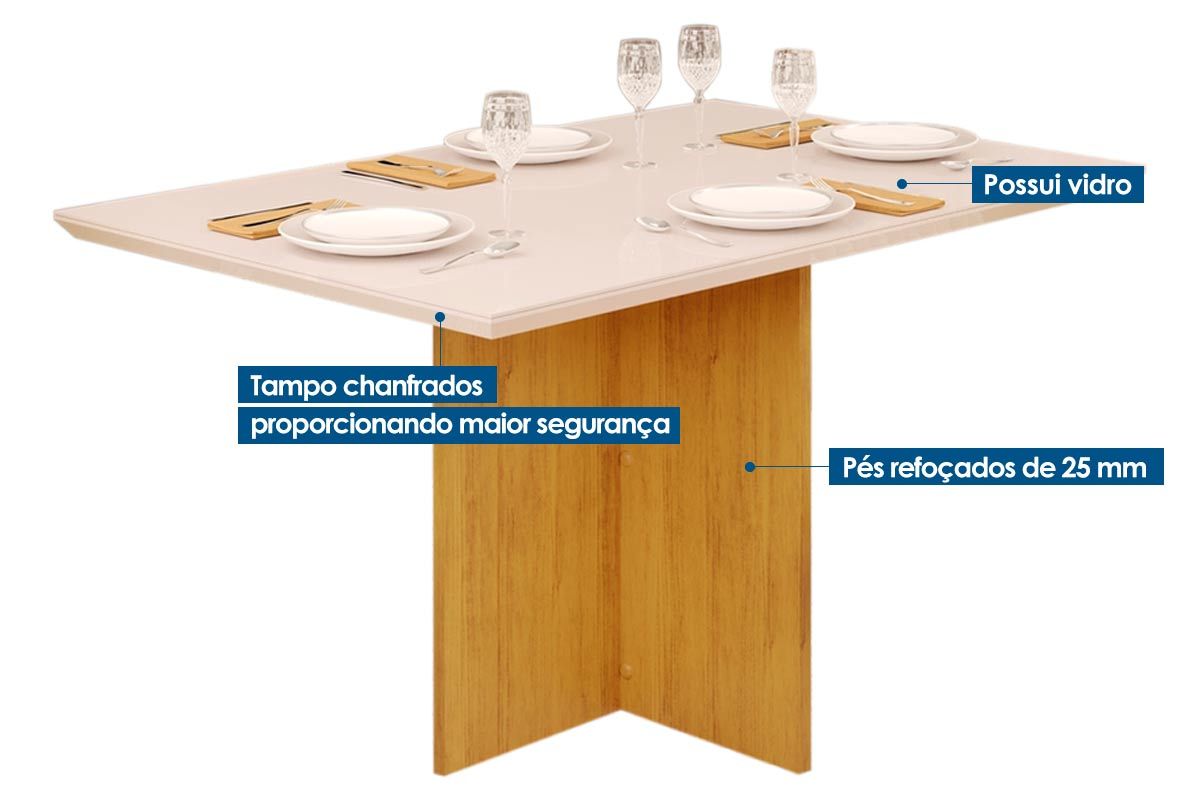 Mesa Jantar Hera c/Tampo Madeirado c/Vidro Reto 120x90cm DJ Móveis