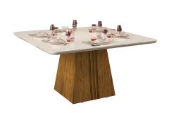 Mesa Jantar Itália Tampo MDF/Vidro Canto Curvo 136cm DJ Móveis - Freijó/Off White