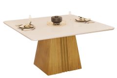 Mesa Jantar Itália Tampo MDF/Vidro Canto Curvo 136cm DJ Móveis - Cedro/Off White
