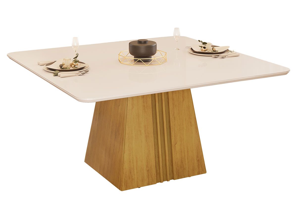 Mesa Jantar Itália Tampo MDF/Vidro Canto Curvo 136cm DJ MóveisCedro/Off White