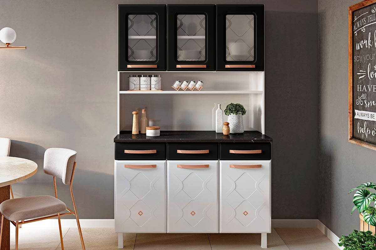 Cozinha Compacta Telasul Kit Mirage New Aço c/6 Portas e 3 Gavetas 120cmBranco/Preto Cozinha Compacta Telasul Kit Mirage New Aço c/6 Portas e 3 Gavetas 120cmBranco/Preto