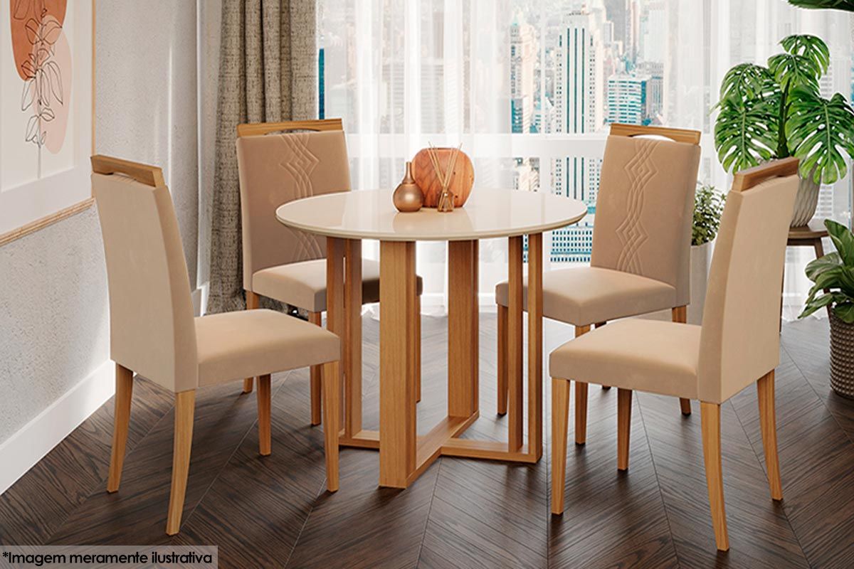 Sala Jantar Mesa Flora Tampo Madeirado c/ Vidro 93cm e 4 Cadeiras Laura - Cimol
