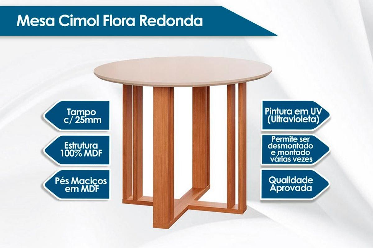Sala Jantar Mesa Flora Tampo Madeirado c/ Vidro 93cm e 4 Cadeiras Laura - Cimol