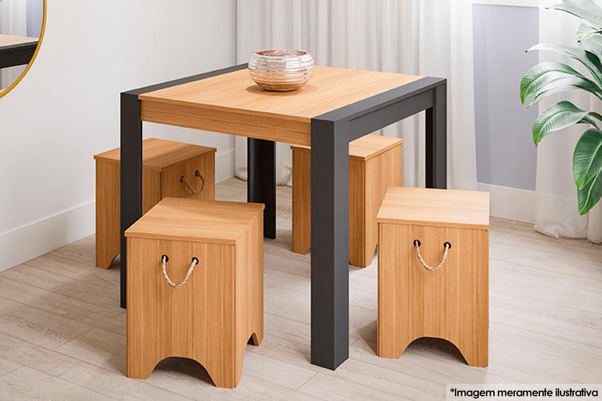 Sala Jantar Mesa Grace Tampo Madeirado 90cm e 4 Bancos Kim - Cimol