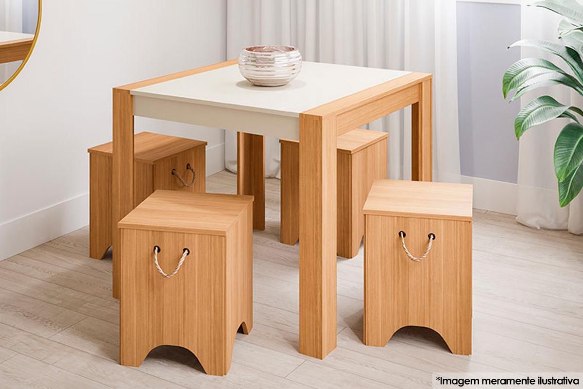 Sala Jantar Mesa Grace Tampo Madeirado 90cm e 4 Bancos Kim - Cimol
