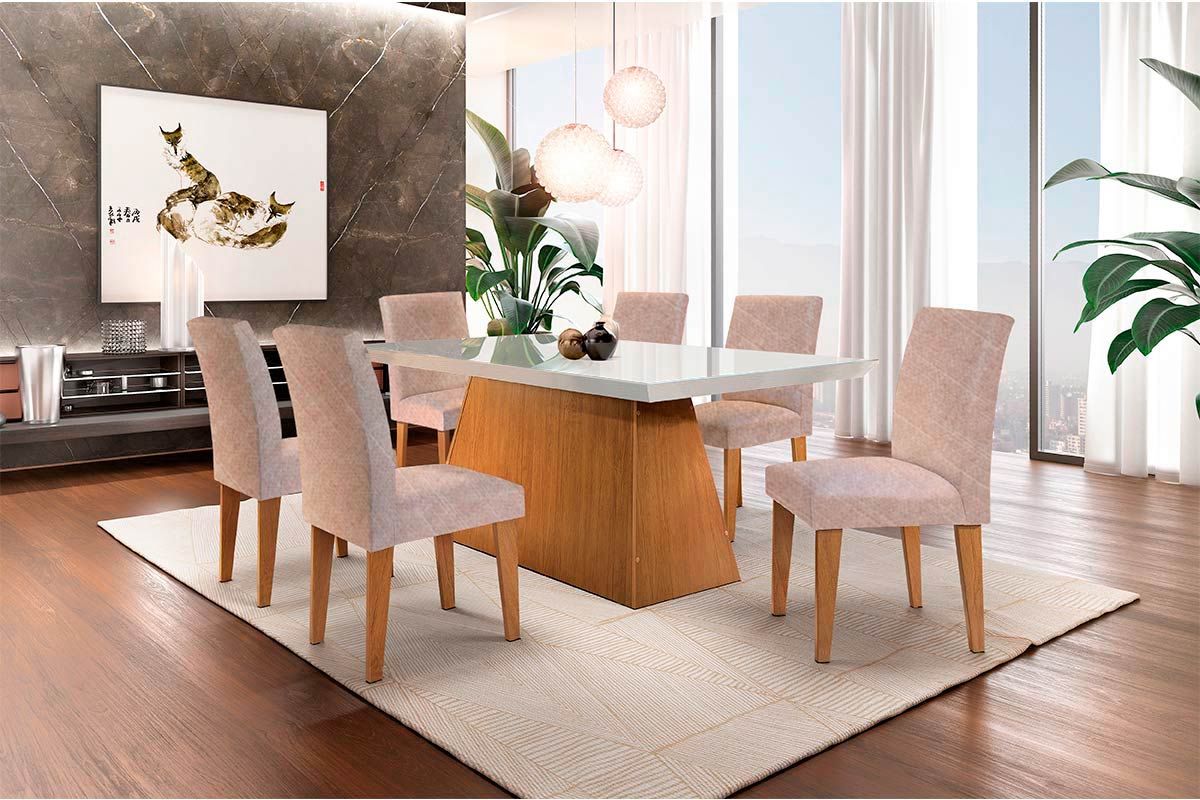 Sala de Jantar Completa Luna Tampo Madeirado c/ Vidro Canto Curvo 180x90cm e 6 Cadeiras Grécia - Rufato