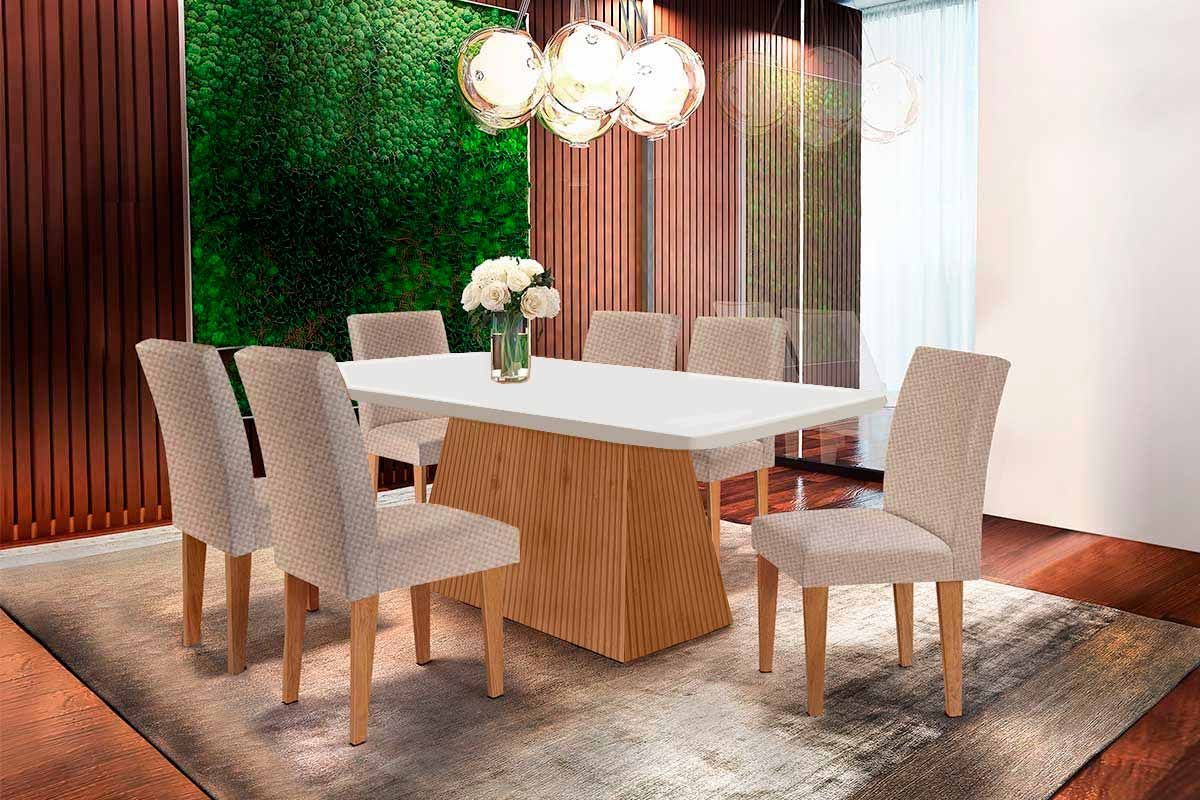 Sala de Jantar Completa Luna Tampo Madeirado Canto Curvo 180x90cm e 6 Cadeiras Grécia - Rufato