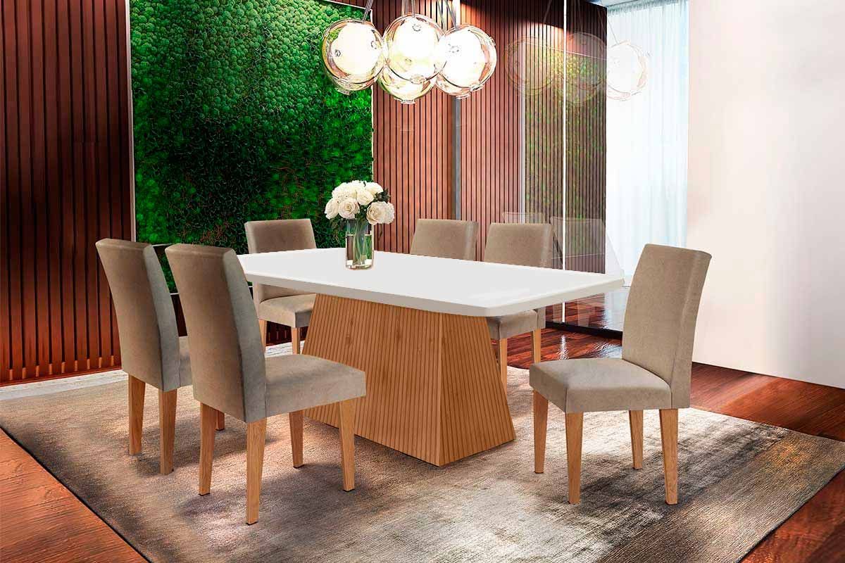 Sala de Jantar Completa Luna Tampo Madeirado Canto Curvo 180x90cm e 6 Cadeiras Grécia - Rufato