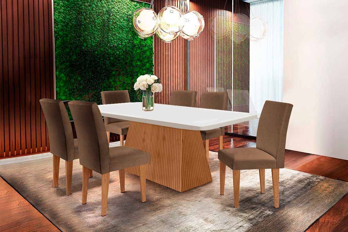 Sala de Jantar Completa Luna Tampo Madeirado Canto Curvo 180x90cm e 6 Cadeiras Grécia - Rufato