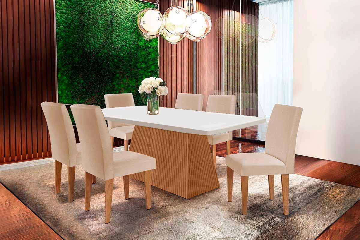 Sala de Jantar Completa Luna Tampo Madeirado Canto Curvo 180x90cm e 6 Cadeiras Grécia - Rufato