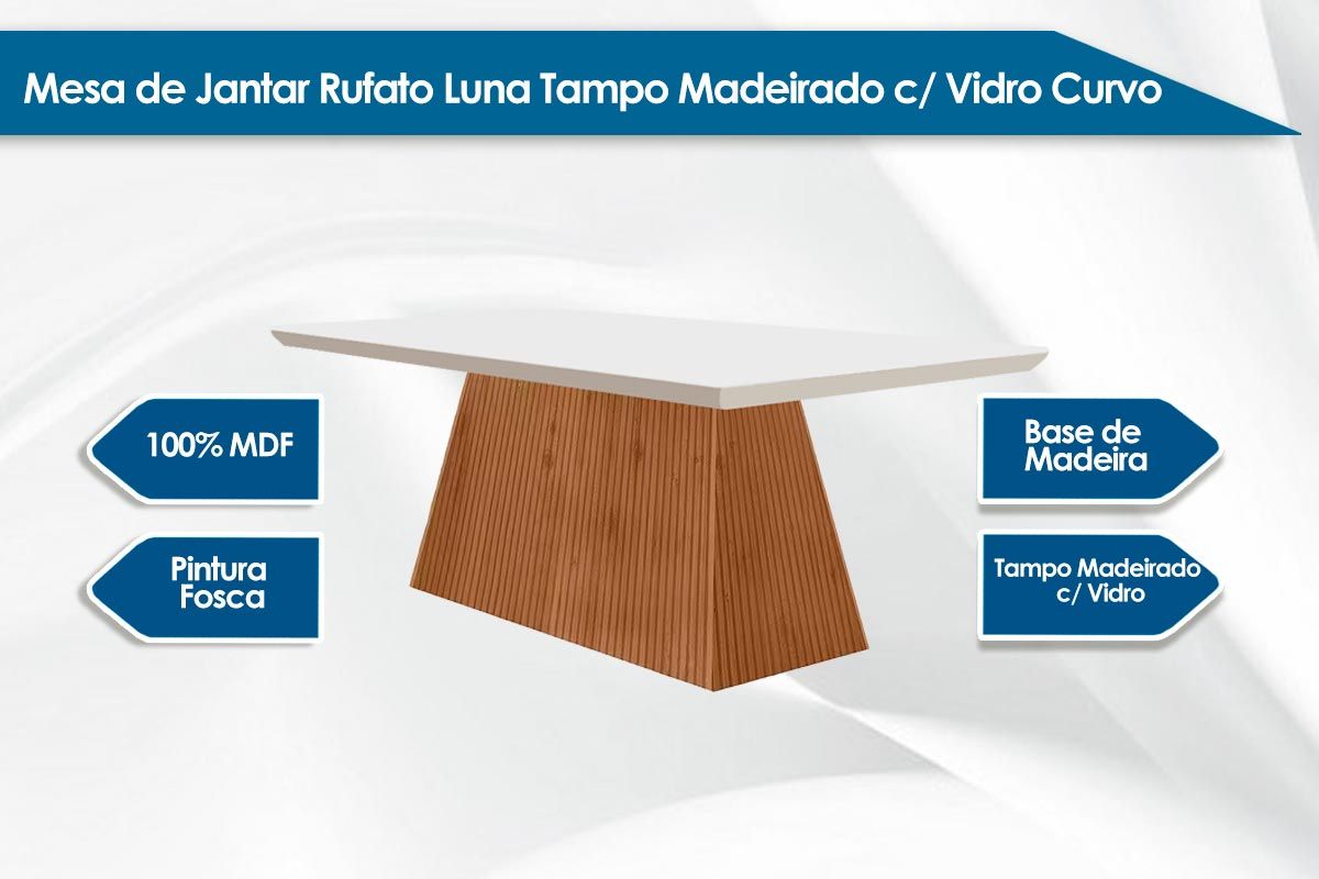Sala de Jantar Completa Luna Tampo Madeirado Canto Curvo 180x90cm e 6 Cadeiras Grécia - Rufato