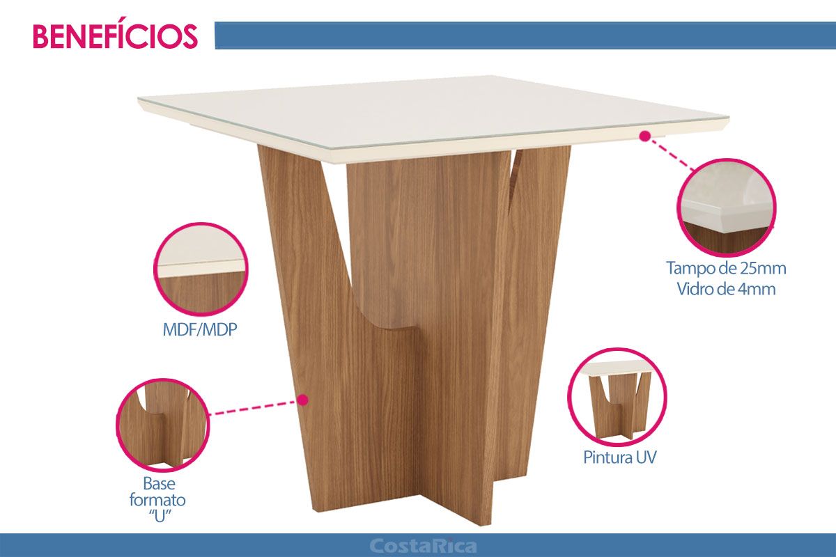 Sala Jantar Mesa Vértice Tampo Madeirado c/Vidro 90x90cm e 4 Cadeiras Isa - Henn
