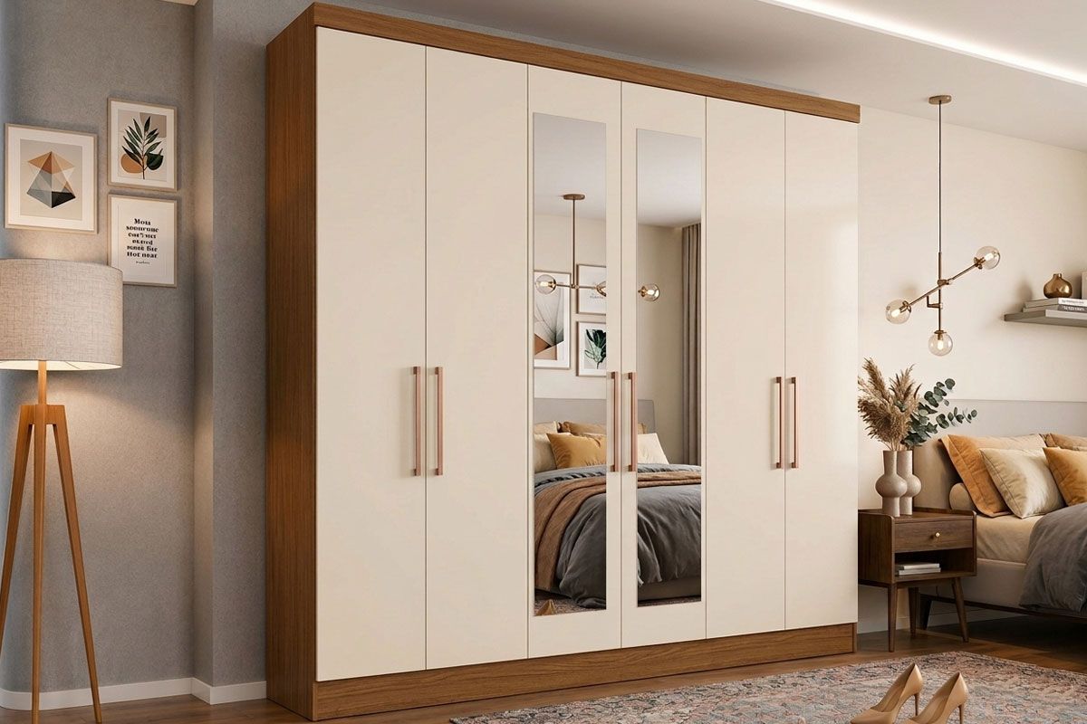 Guarda Roupa Casal 6 Portas (2 c/Espelho) e 2 Gavetas PH1707 HervalCarvalho Vermontt/Off White Guarda Roupa Casal 6 Portas (2 c/Espelho) e 2 Gavetas PH1707 HervalCarvalho Vermontt/Off White