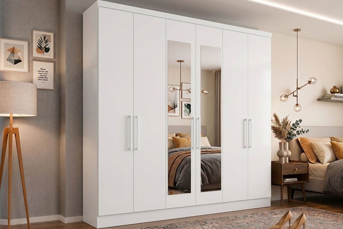 Guarda Roupa Casal 6 Portas (2 c/Espelho) e 2 Gavetas PH1707 HervalBranco Guarda Roupa Casal 6 Portas (2 c/Espelho) e 2 Gavetas PH1707 HervalBranco