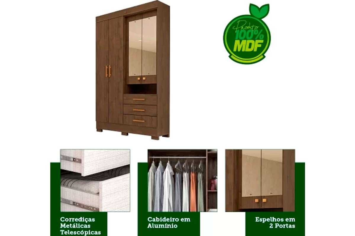 Guarda Roupa Solteiro 4 Portas (2 c/Espelho) e 3 Gavetas Débora ACP Guarda Roupa Solteiro 4 Portas (2 c/Espelho) e 3 Gavetas Débora ACP