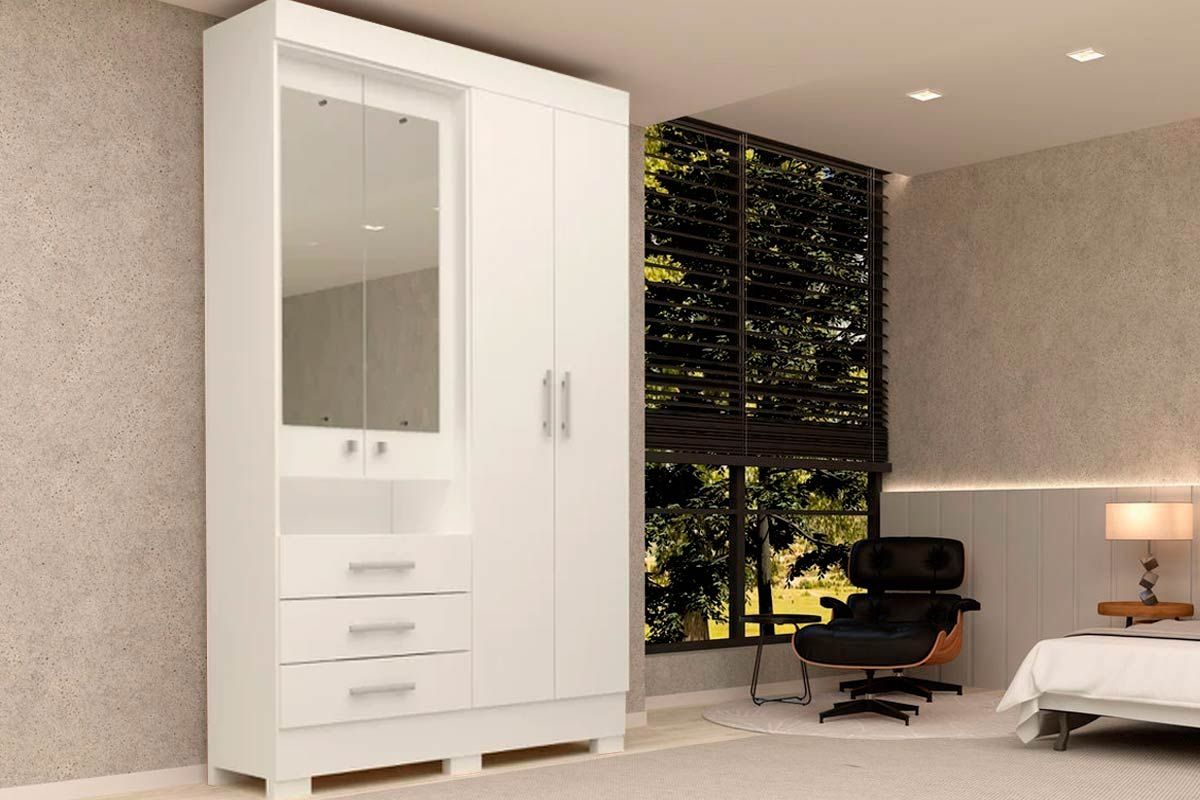 Guarda Roupa Solteiro 4 Portas (2 c/Espelho) e 3 Gavetas Débora ACPBranco Guarda Roupa Solteiro 4 Portas (2 c/Espelho) e 3 Gavetas Débora ACPBranco