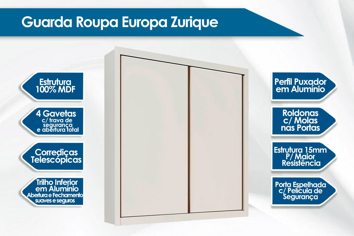 Guarda Roupa Solteiro 2 Portas e 4 Gavetas Zurique Europa Guarda Roupa Solteiro 2 Portas e 4 Gavetas Zurique Europa