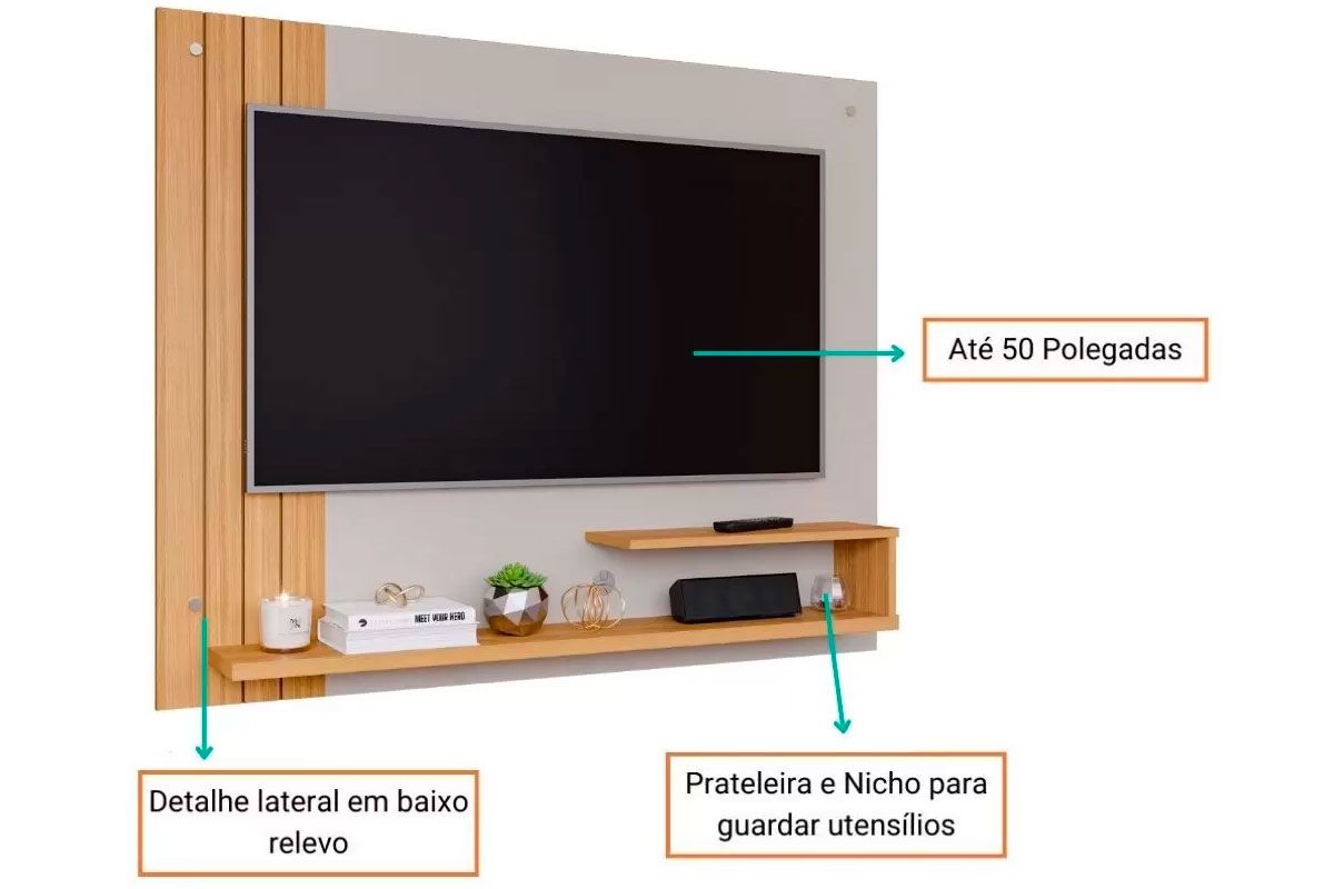 Painel Home p/ TV até 50 Pol Dunas Ripado c/Prateleiras 135x108cm Permóbili Painel Home p/ TV até 50 Pol Dunas Ripado c/Prateleiras 135x108cm Permóbili