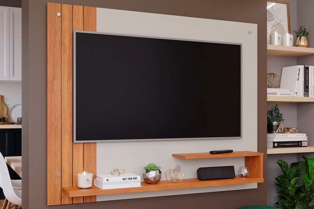 Painel Home p/ TV até 50 Pol Dunas Ripado c/Prateleiras 135x108cm PermóbiliOff White/Cinamomo