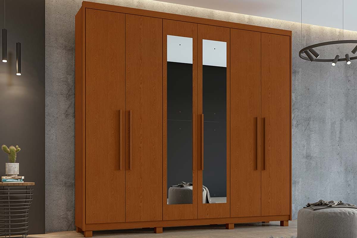 Guarda Roupa Casal 6 Portas (2 c/Espelho) e 5 Gavetas c/Pés Áries Lopas