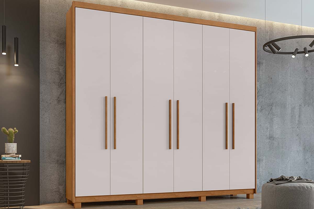 Guarda Roupa Casal 6 Portas e 5 Gavetas c/Pés Áries LopasAmêndoa/Off White