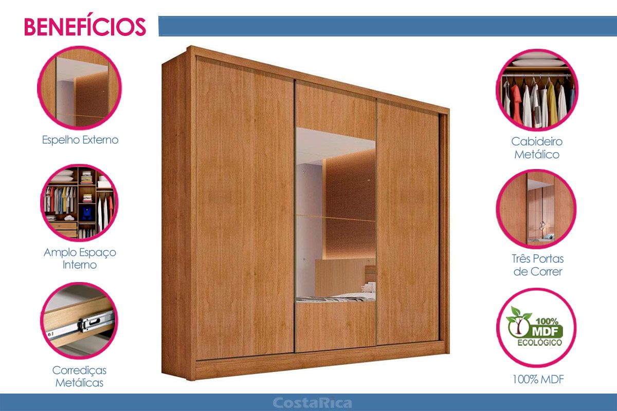 Guarda Roupa Casal 3 Portas Correr c/Esp 6Gavs Arezzo N. Horizonte