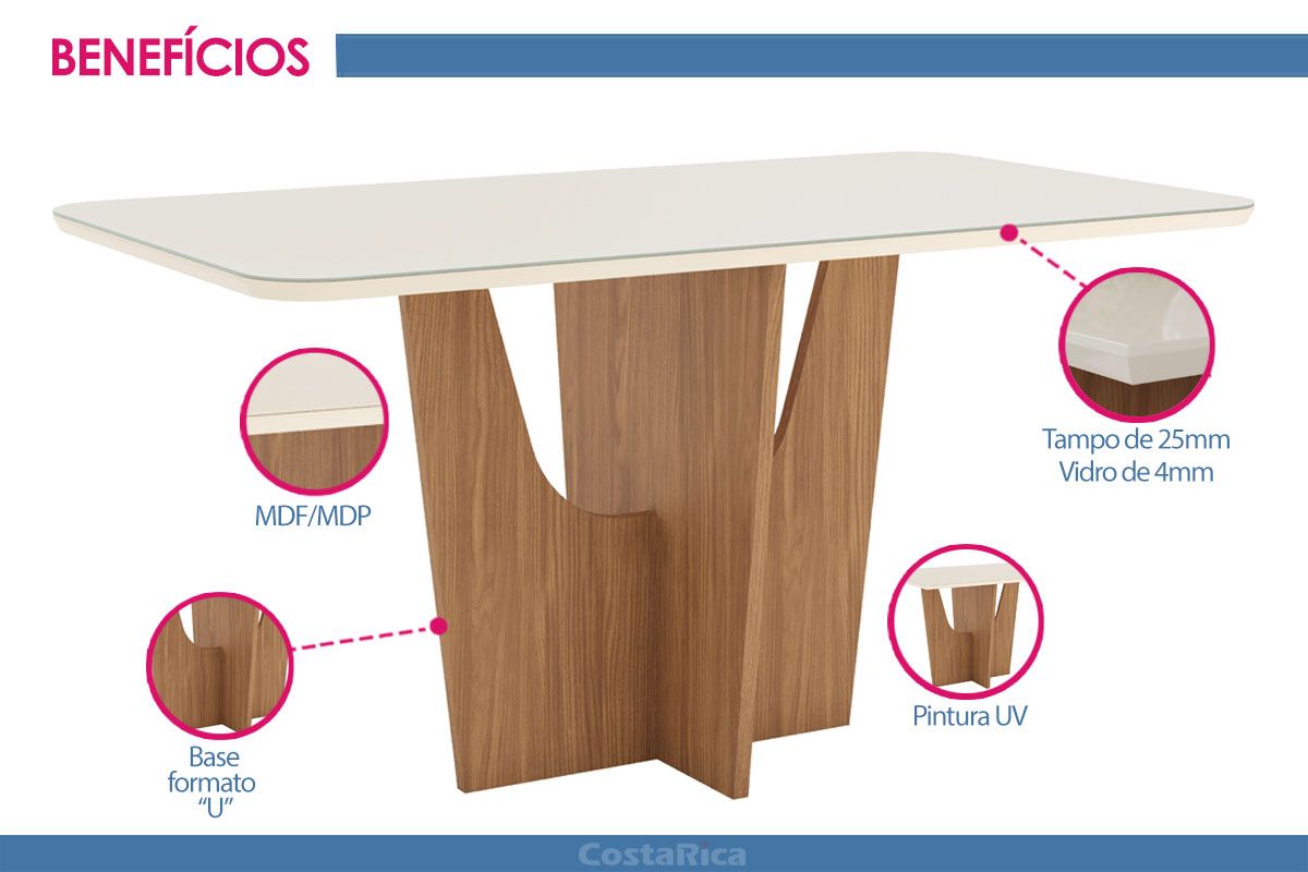 Mesa Jantar Vértice SC35 c/Tampo Madeirado c/Vidro Curvo 160x90cm Henn