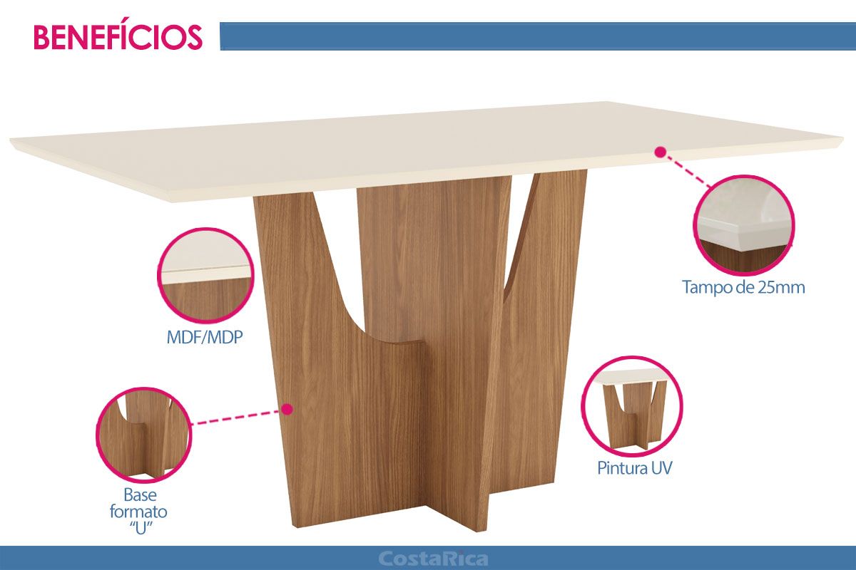 Mesa Jantar Vértice SC36 c/Tampo Madeirado Reto 160x90cm Henn Mesa Jantar Vértice SC36 c/Tampo Madeirado Reto 160x90cm Henn